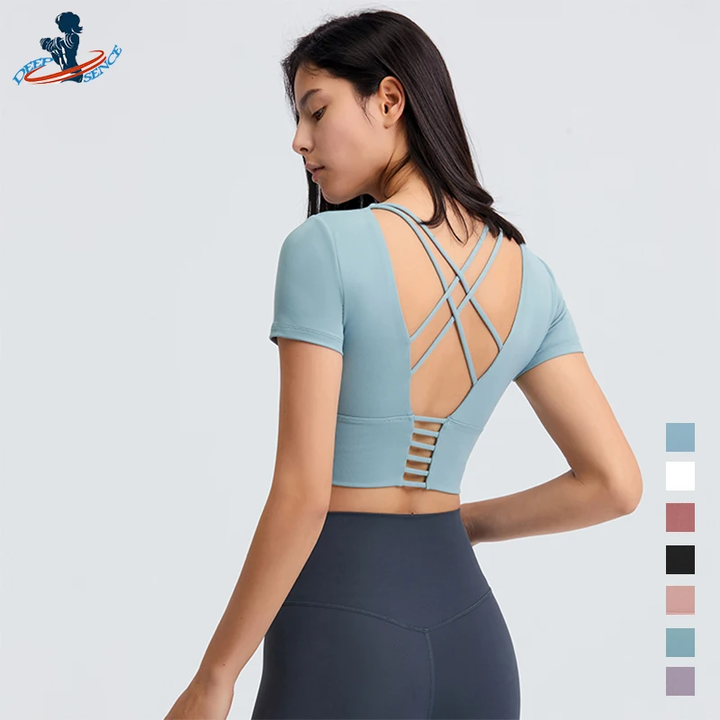 

DEEPSENCE 2021 Women's Running t-shirt Slim Sportswear Quick Dry Active Wear Female Sports Crop Top Yoga Gym Fitness Clothing