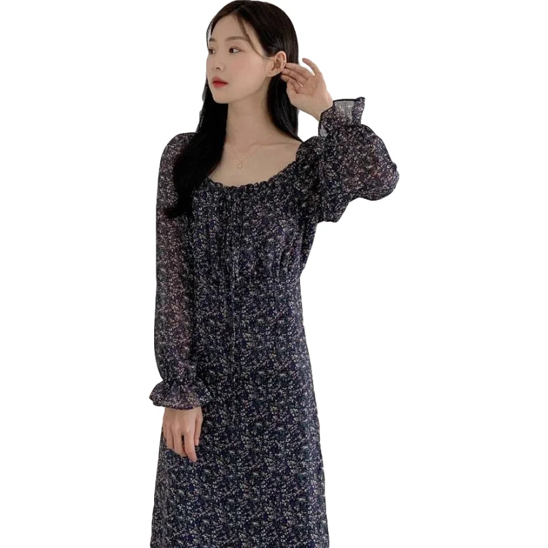 

S-Xl Plus Size New Spring Womens Dress Boho Chiffon Female Vintage Dress Party Oversize Long Sleeve Women Dresses Robe Vestido