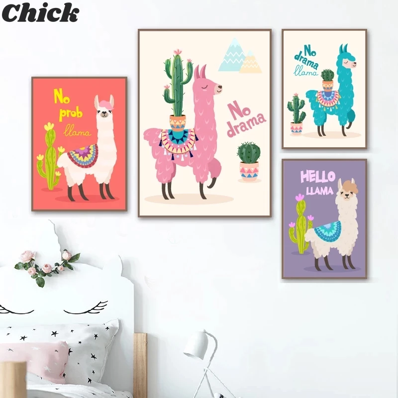 

Nursery Decor Prints and Posters Cartoon Llama With Cactus Canvas Painting Cute Animal Alpaca Picture Baby Room Wall Decoration