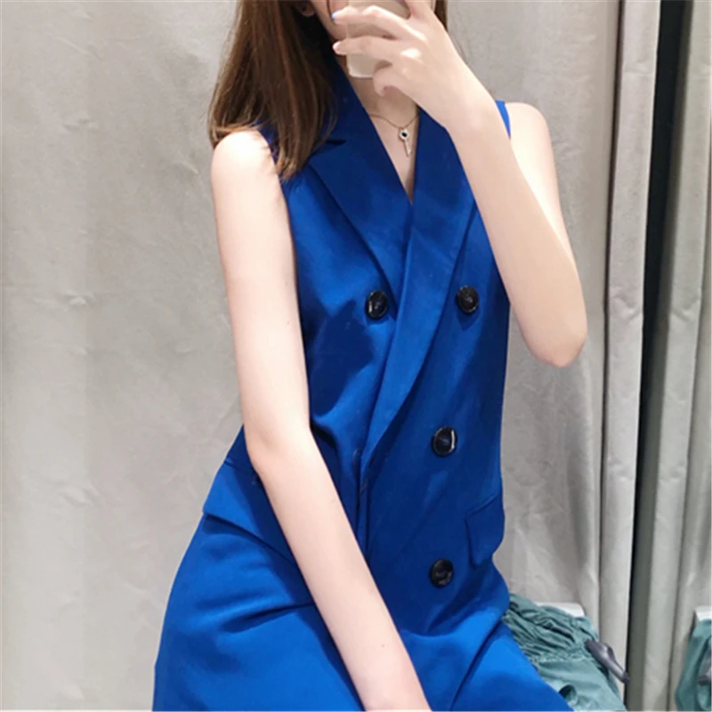 Зимний женский жилет без рукавов блейзер кардиган синий винтажный Блейзер