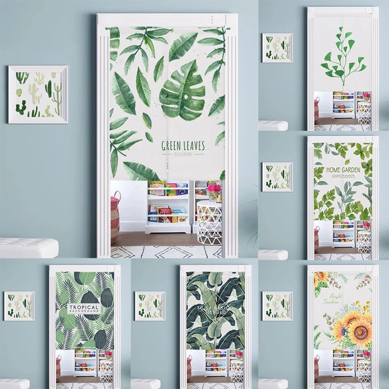 

Green Plant Leaves Cotton Linen Door Curtain Living Room Shower Blackout Curtain Half Panel Curtain Home Decor
