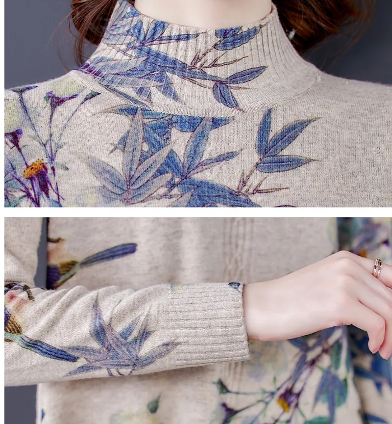 

2020 Autumn Winter Women Print Cashmere turtleNeck Knitted Dress Female Loose Sweater Dresses