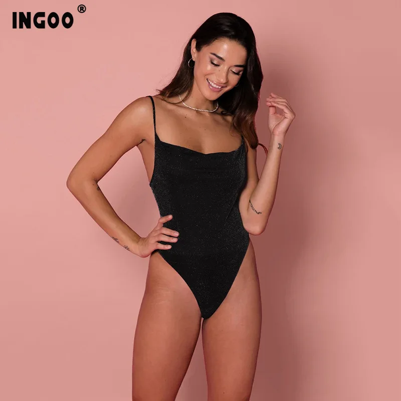 INGOO сексуальное блестящее Женское боди на тонких бретельках элегантное весна