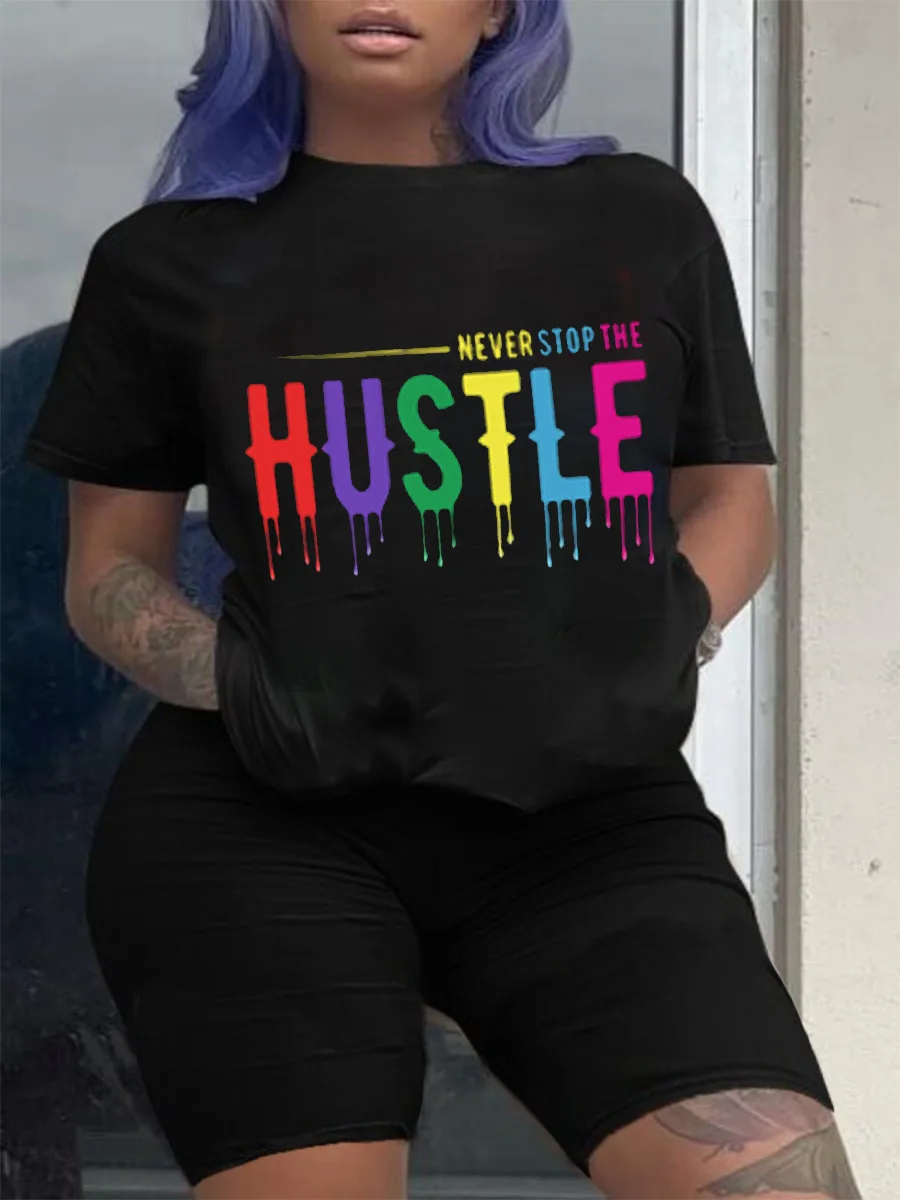 

SSEURAT 2021 Women New Summer Letter Print Short Sleeve T-shirt Knee Length Shorts Suit Sporting Tracksuit Outfit