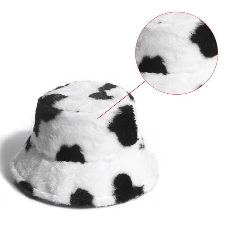 

Fashion Faux Fur Cow Print Bucket Hats Women Winter Panama Fisherman Caps