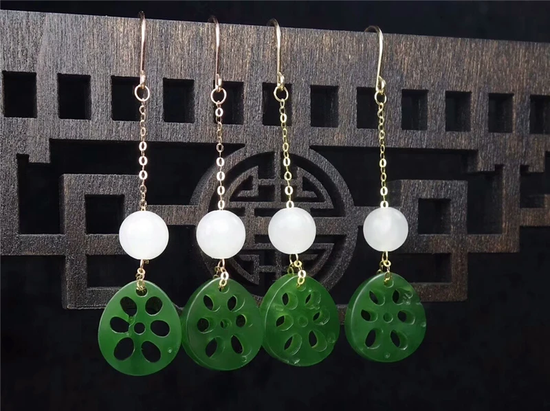 

LETSFUN Real 18K Gold Inlaid Natural Hetian Green Jade White Gemstone Lotus Earrings Christmas Jade Jewelry