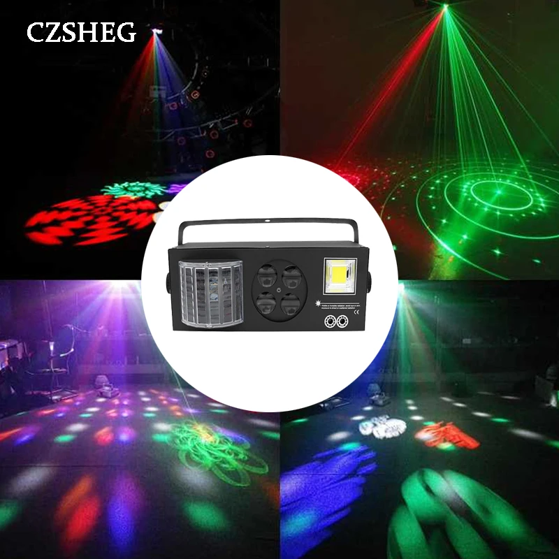 DJ disco strobe + laser + pattern + butterfly 4 in 1 effect light, used for KTV family party Christmas LED DMX stage