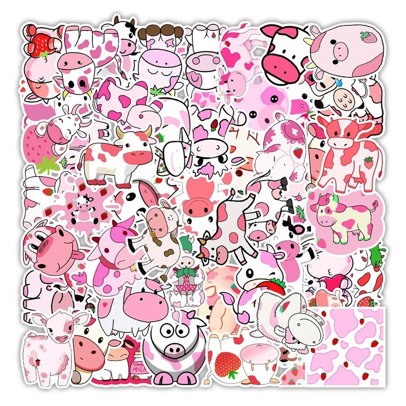 

10/50 PCS Kawaii Cartoon Pink Strawberry Cow VSCO Stickers PVC for Kids DIY Skateboard Suitcase Laptop Bicycle Helmet Car Decals
