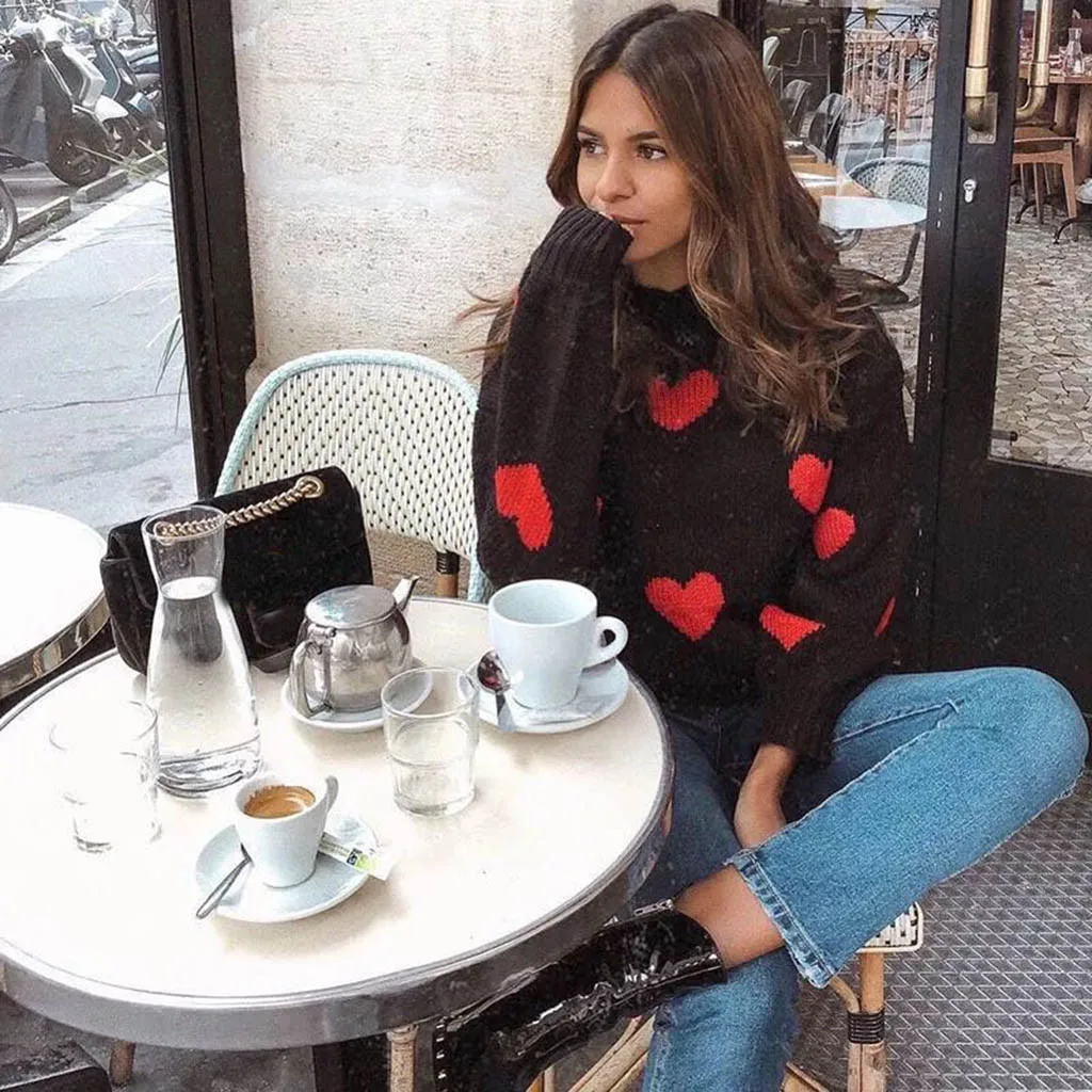 

FREE OSTRICH Knit sweater fashion winter women's casual personality large size love print o neck long sleeve lazy loose sweater