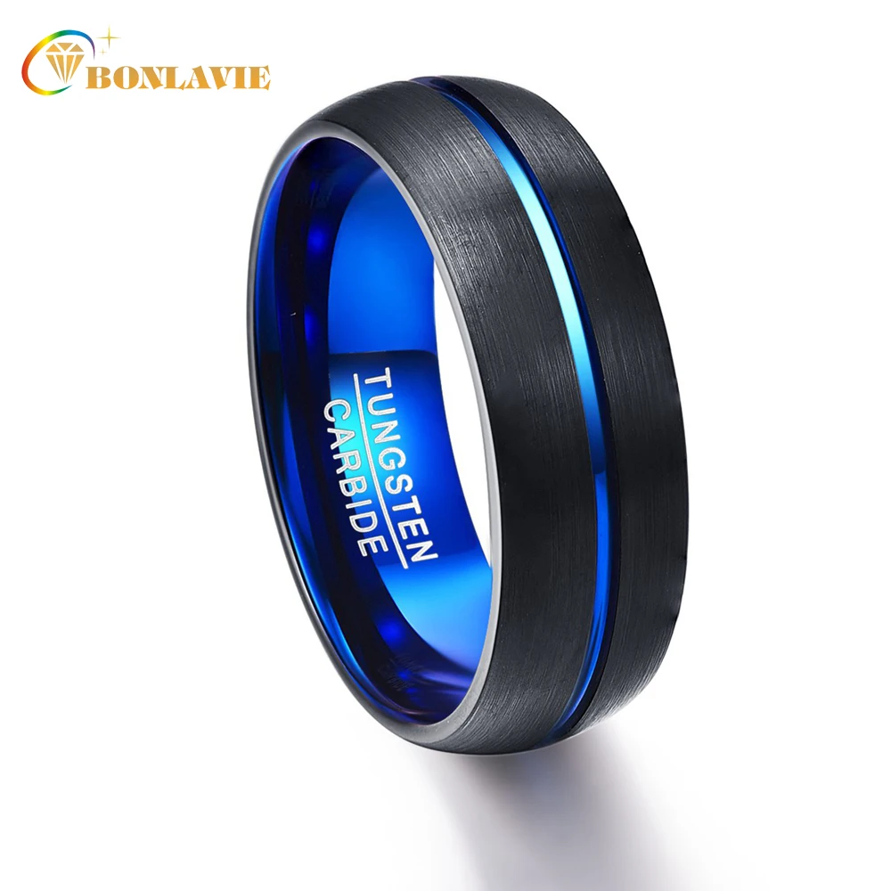 

BONLAVIE Tungsten Carbide Men's Ring Round Blue Groove Men's Rings Wedding Bands Anillos Para Hombres Male Pierscienie