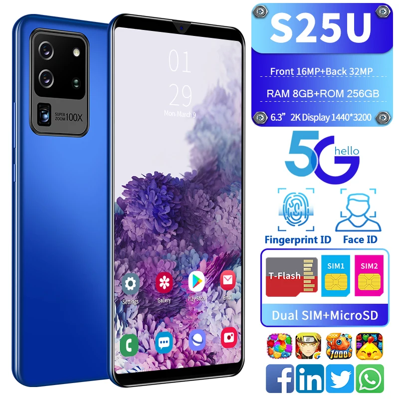 Новый смартфон S25U 10 ядер 8G 256G отпечаток пальца разблокирует две карты в режиме