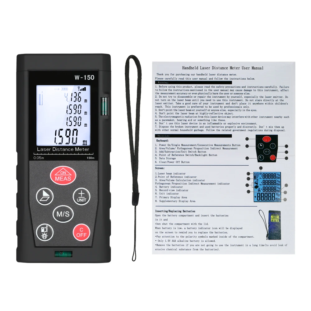 

150m/492ft Digital Laser Distance Meter with LCD Backlight 2 Bubble Levels Range Finder for Distance Area Volume Measurement
