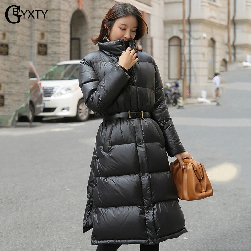 GBYXTY женское черное длинное пуховое пальто с поясом сбоку 2019 зимнее приталенное
