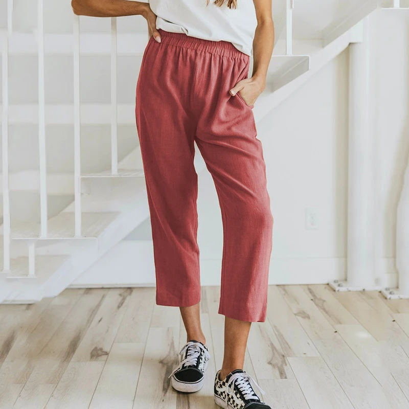 

Casual Women Summer Elastic Waist Loose Pants Cotton Linen Streetwear Slim Fit Calf Length Pants Solid Straight Loose XXXL Pants