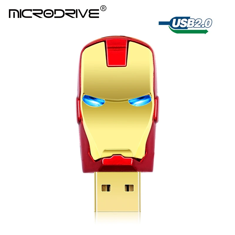 Золотой Железный человек, USB флеш-накопитель, 8 ГБ, 16 ГБ, 32 ГБ, 64 ГБ, 128 ГБ, металлический USB флеш-накопитель, светодиодный светильник, флеш-накопители, флеш-накопители, мужской подарок - Цвет: Золотой