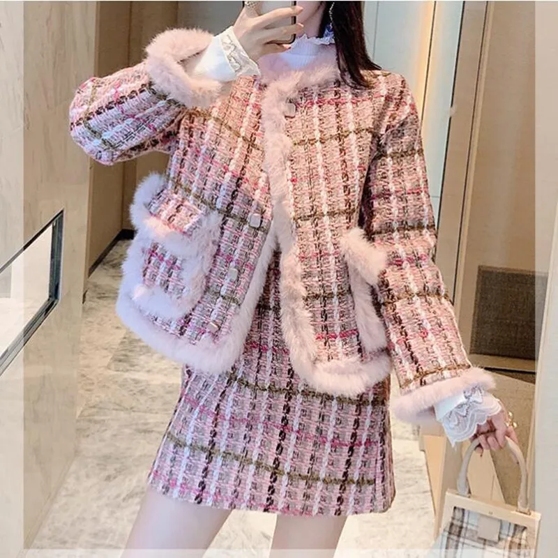 

Fashion Week 2021 Autumn Women Tassels Tweed Two-piece Suite Grace Single-breasted Nail Bead Coat Top+Mini Short Dress Suit