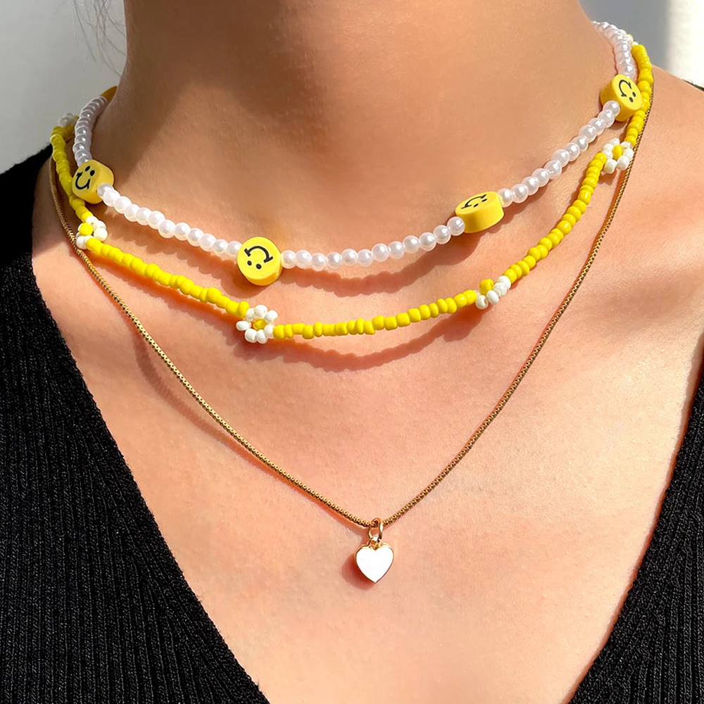 

3Pcs/Set Yellow Smile Face Shell Heart Pendant Beaded Necklace Women Round Imitation Pearls Bead Strand Long Necklaces Bohemian