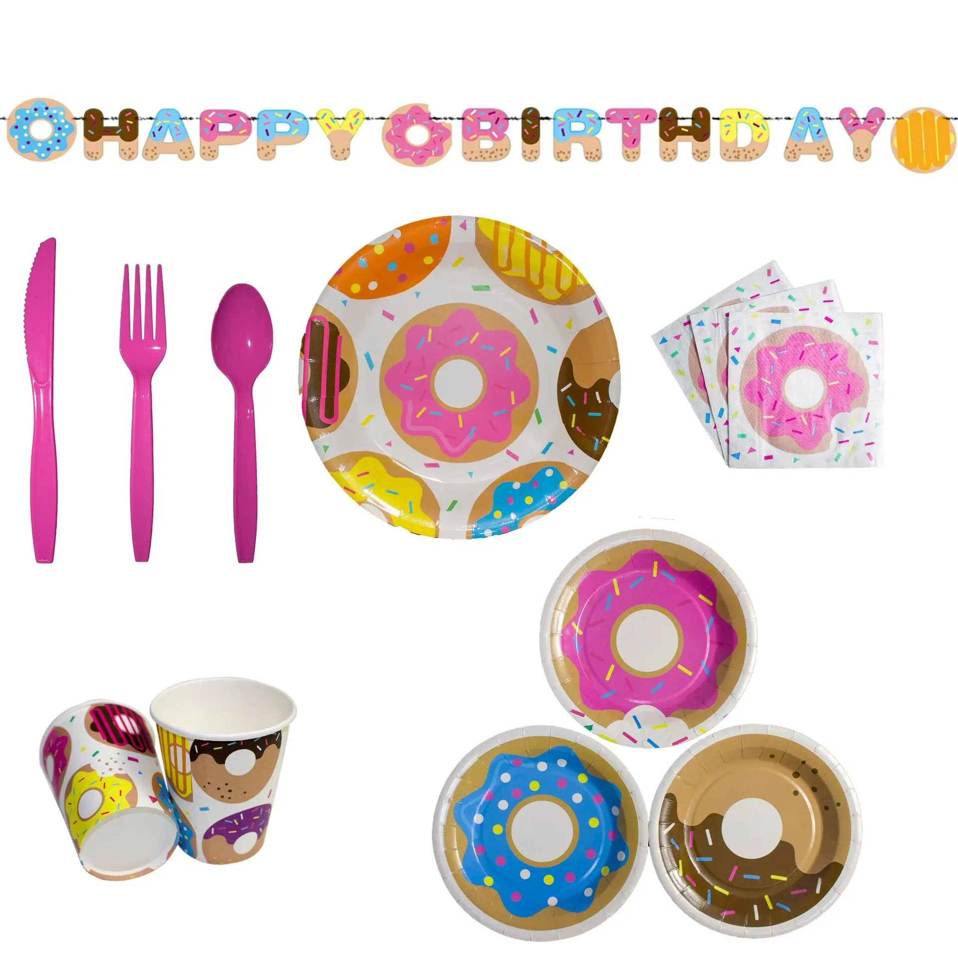 

Cute Mini Donut Decoration Birthday Party Tableware Kit Doughnut Plate Cup Straw Napkins Spoon Forks Knife Parti Favors Supplies