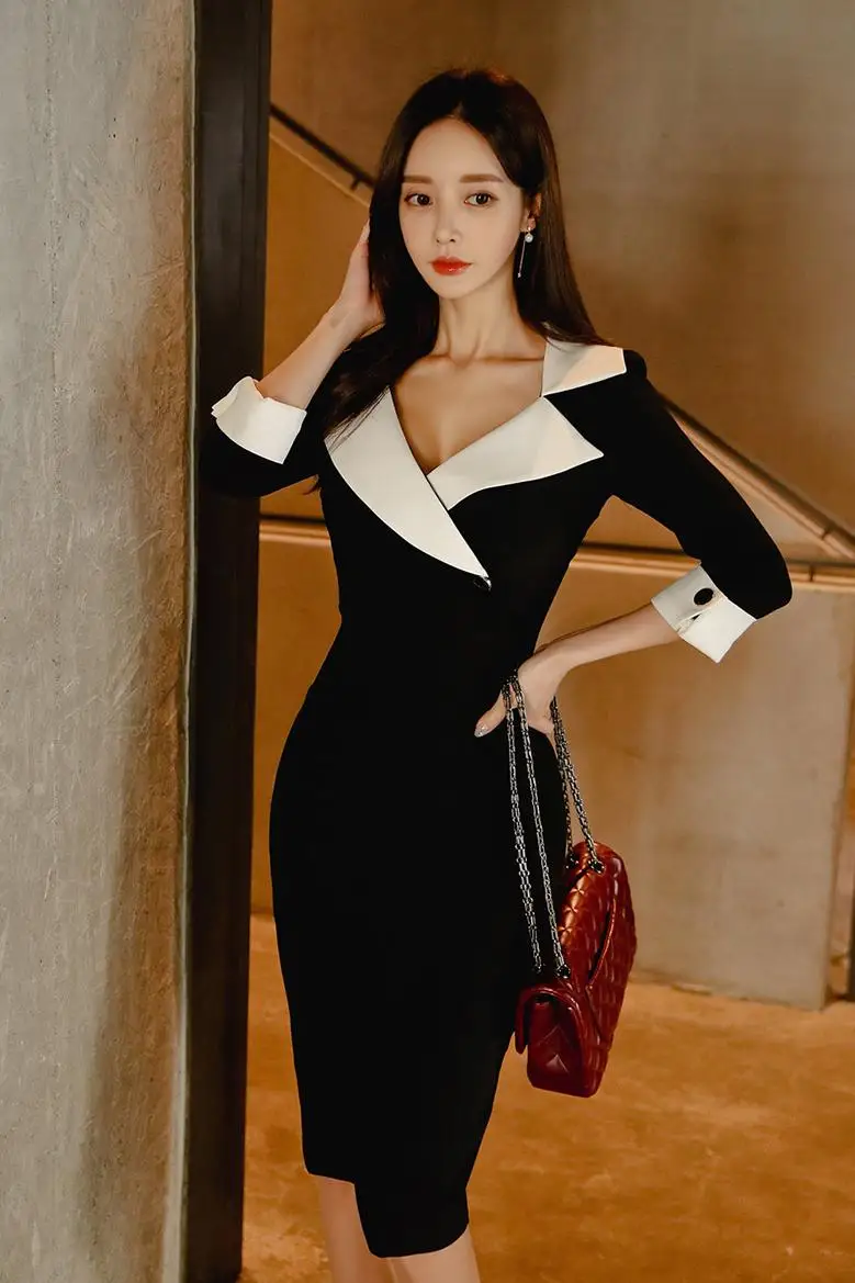 

COIGARSAM Three Quarter Sleeve Women dress New Summer Spring Turn-down Collar Dresses Black 5210