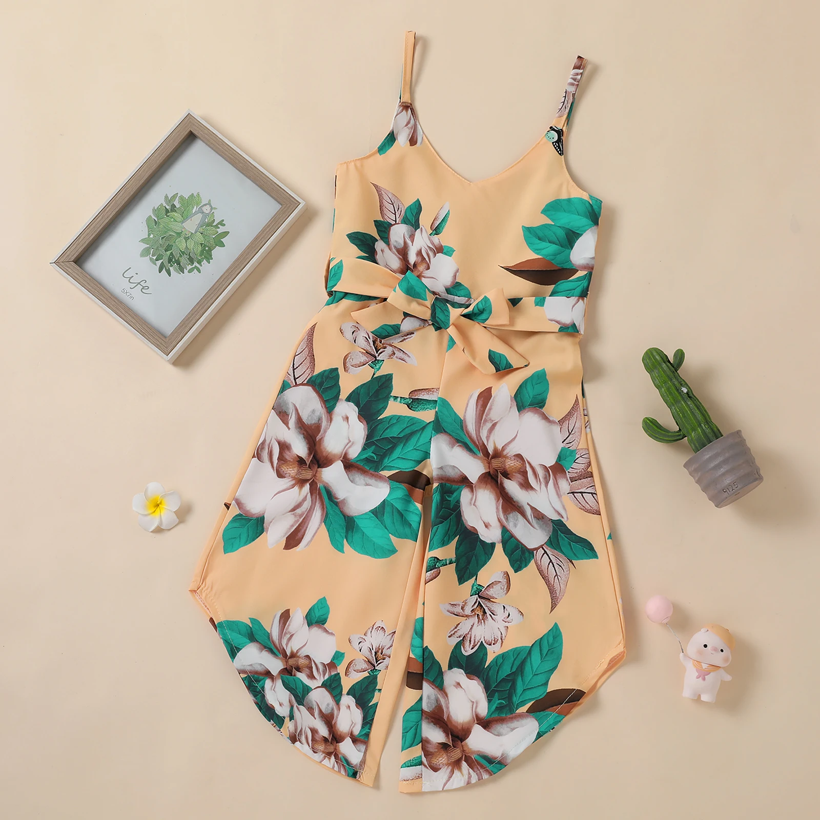 

1-6 Years Print Floral Toddlers Girls Adjustable Waistband Jumpsuit, Sleeveless Floral Printing V-neck 1-piece Clothes