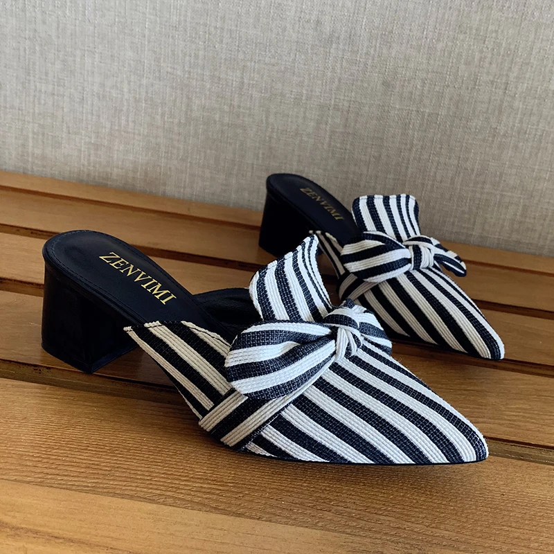2023 Sandals Women Fashion Luxury Designers Black White Striped Butterfly Knot Pointed Slipper Slides Low Heels Woman Shoes