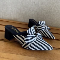 2022 sandals women fashion luxury designers black white striped butterfly knot pointed slipper slides low heels woman shoes