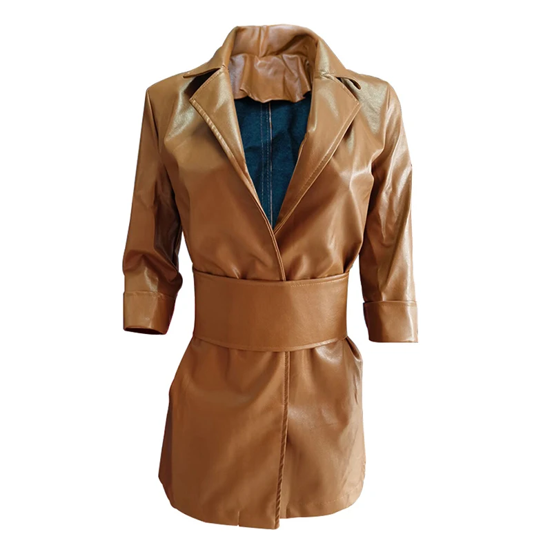

Dresses for Women 2020 New Autumn Commute Draw Back Black Brown Solid Color Pu Leather Suit Collar Long Sleeve Leather Jacket