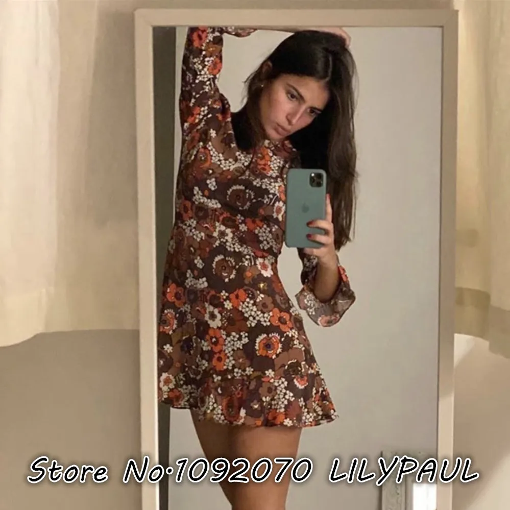 Женское мини платье с рукавами 3/4 круглым вырезом и цветочным принтом|Женские