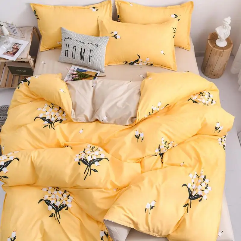 

Yellow Color Bed Sheet Set Heart Pattern Printed Bedding Sets Queen King Size Bed Linen Single Duvet Cover Sheet Pillowcase
