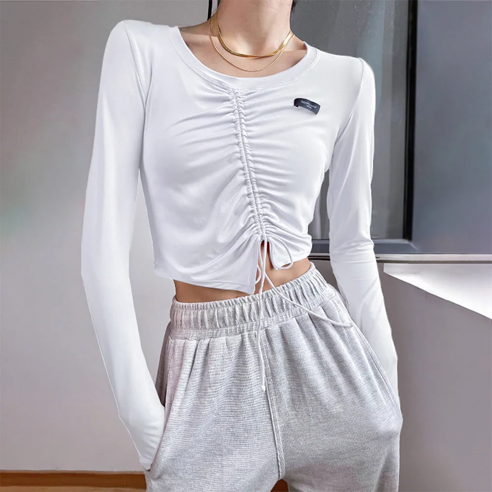 

Yoga Shirts For Women Fitness Gym Long Sleeve Sport Crop Top Female Drawstring Running Workout T-Shirt