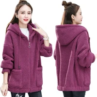 women solid jacket zipper pocket thick sweatshirt long sleeve hooded imitation lamb cashmere female coat cardigan outwear q83