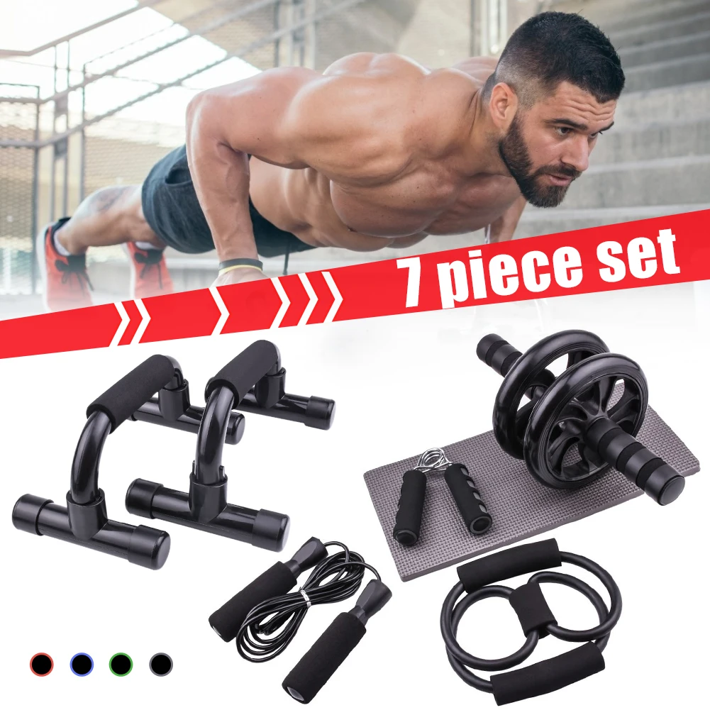 

7Pcs Abdominal Wheel Ab Roller Set with Push Up Bars Jump Rope Grip Strengthener Home Exercise Gym Fitness Muscle Trainer Roller