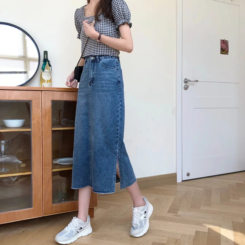 

2021summer New Korean Ins All-match Side Slit Denim Skirts Women Female High Waist Solid Trend A-line Skirt Fashion Streetwears