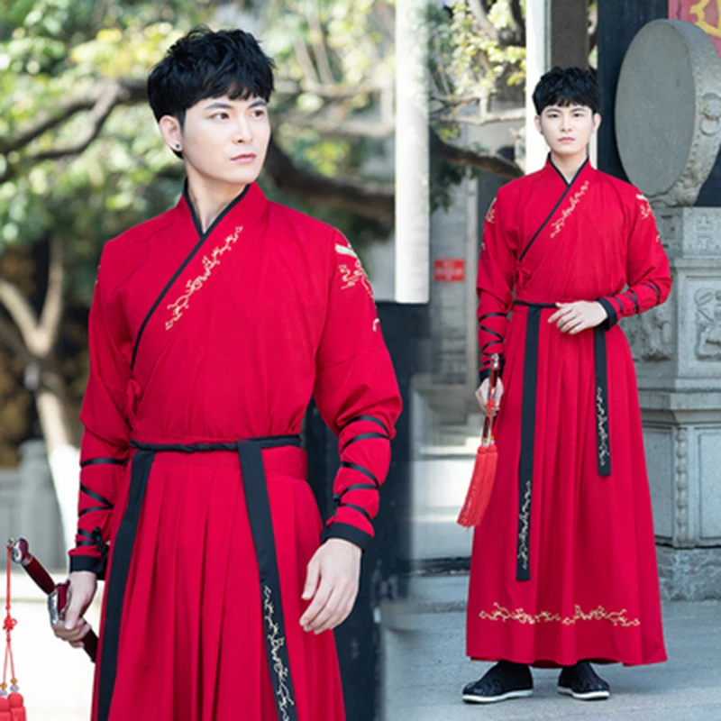 Улучшенный Hanfu Мужской воин красный китайский народный женский костюм для танцев