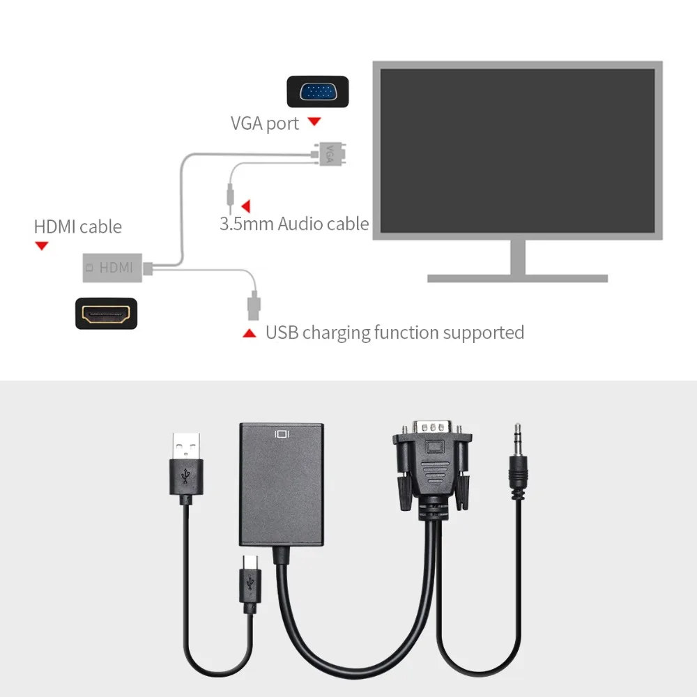Переходник VGA-HDMI VGA папа-HDMI Мама дополнительный USB-аудиокабель для компьютера