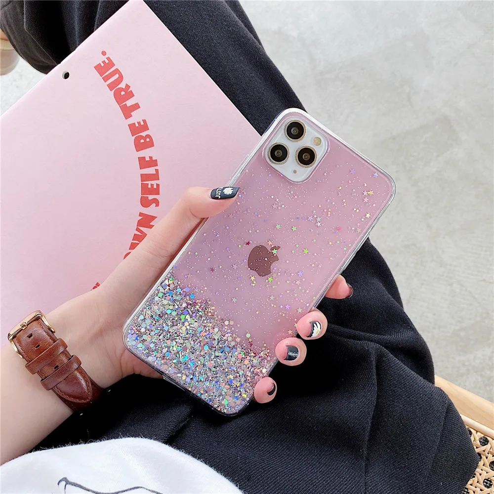 Glitter Phone Case For iPhone SE 2020 11Pro Xs MAX XR X 7 8 Plus Luxury Star Bling Glow Color Transparent Shockproof Epoxy Cover |