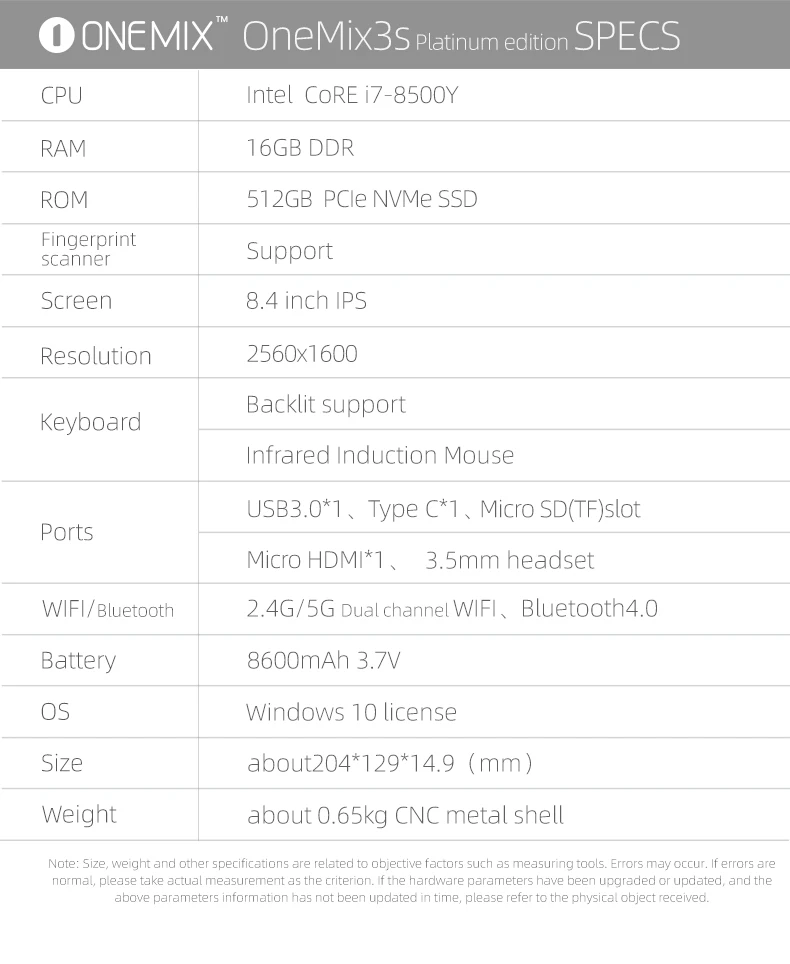 One Mix 3S Серия Супер Карманный планшет ноутбук 8+ 256G/16G+ 512G SSD Intel Core i7-8500Y Windows 10 HDMI type-C USB TF 2,4/5G wifi