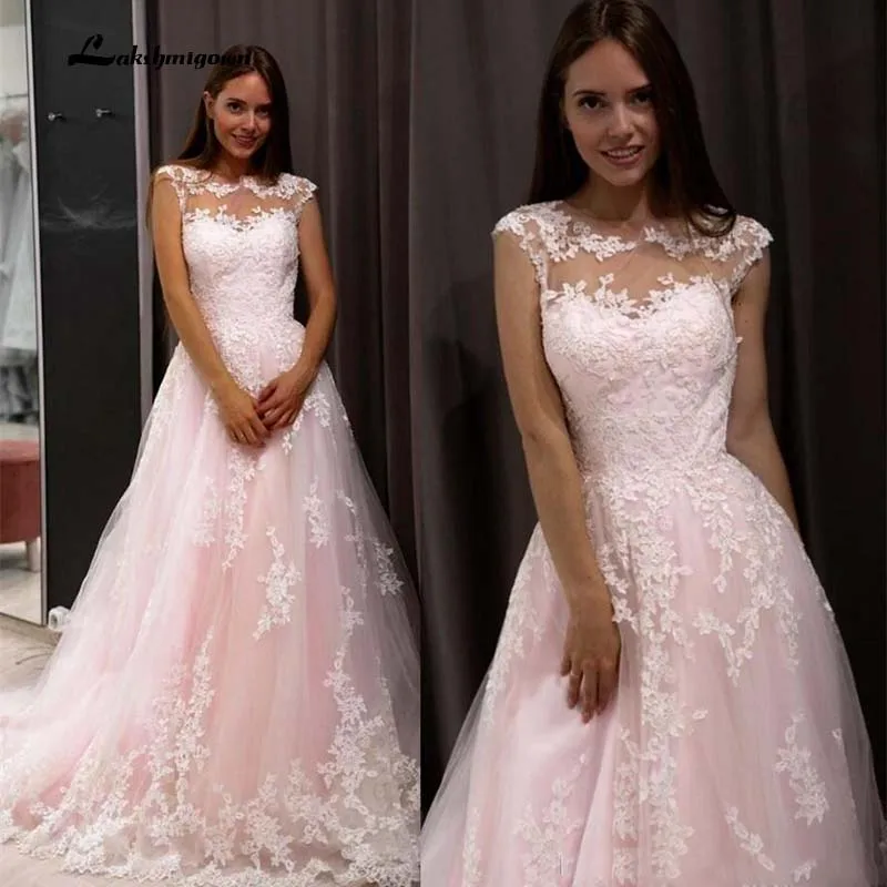 

Baby Pink A Line Wedding Dresses Vintage Lace Applique Jewel Neck Sweep Train robes de mariÃ©e Long Bridal Gowns Plus Size