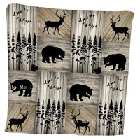 Rustic Lodge Bear Deer Animals Shadow Flannel Blanket Retro Wooden Board Birds And Trees Pasteup Home Decor For Adults Kids