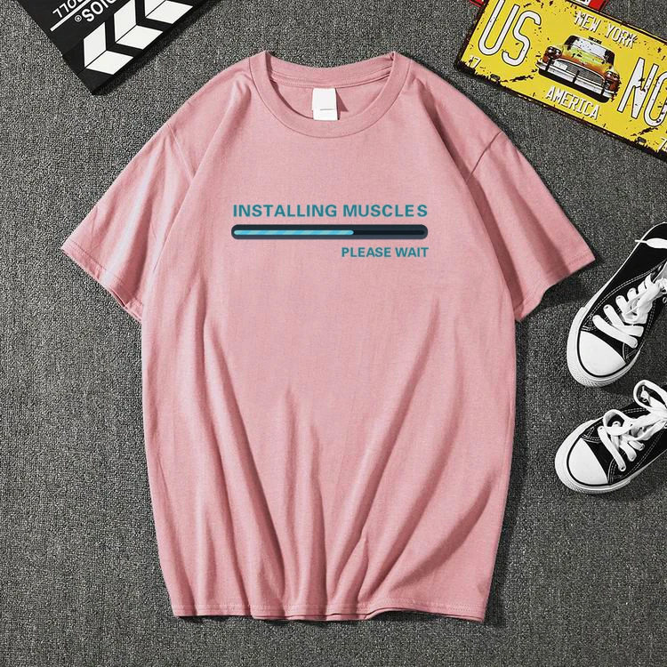Fashion Funny Installing Muscles Please Wait Printed T-shirts Men Brand Loose T-shirt Summer Hipster O-neck Tops Tee | Мужская одежда