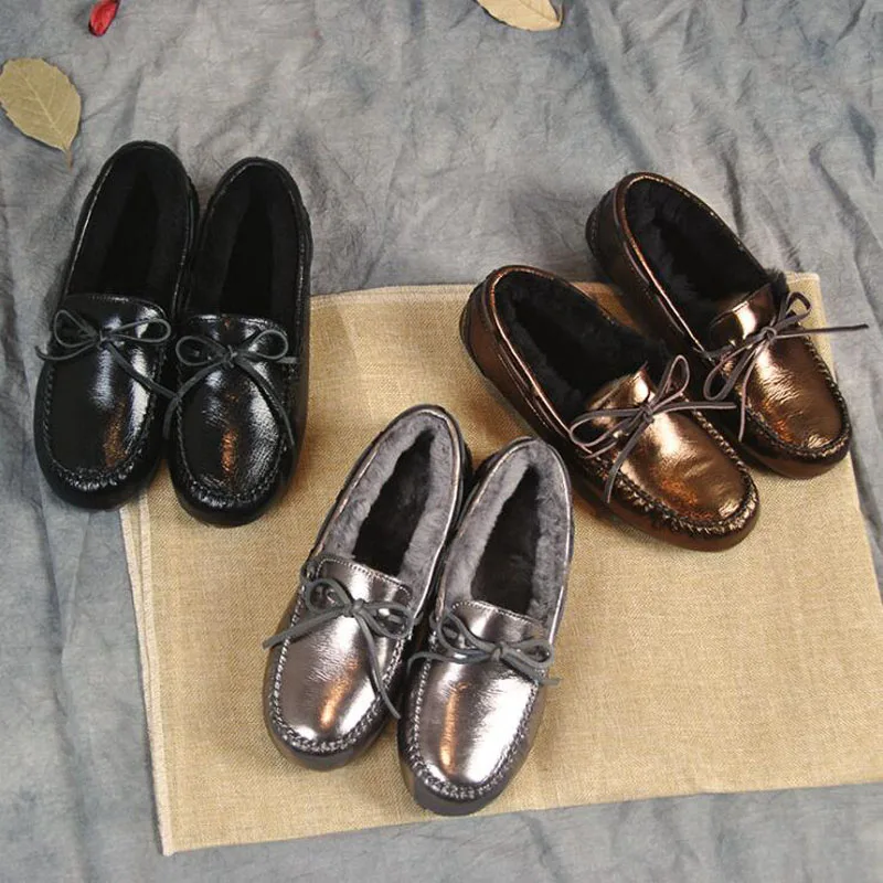 Женские теплые меховые лоферы из овечьей шерсти на плоской подошве без застежки