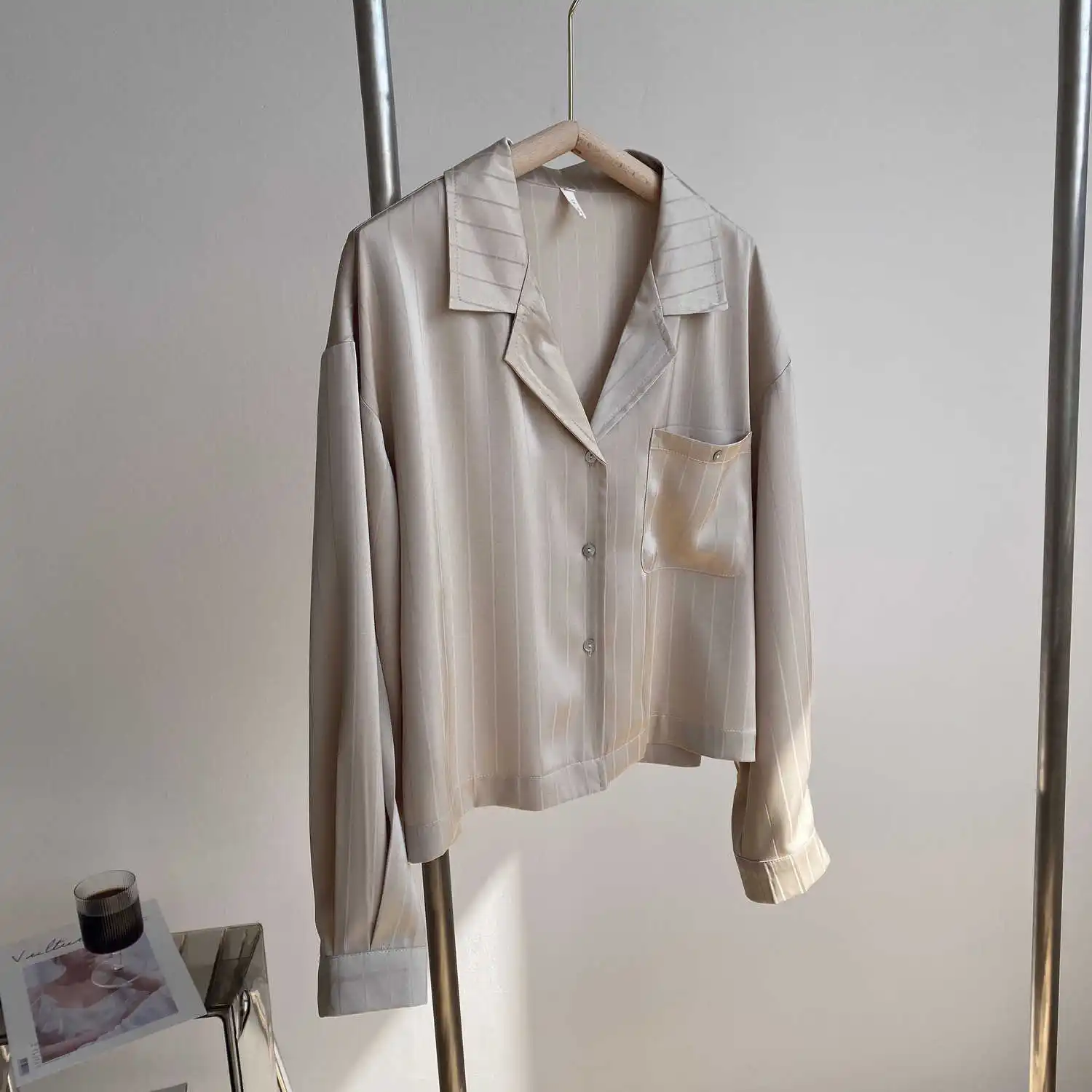 

COZOK 2021 Autumn New Stripe Design Minority Satin Drape Shirt Blouse Women's Top 720