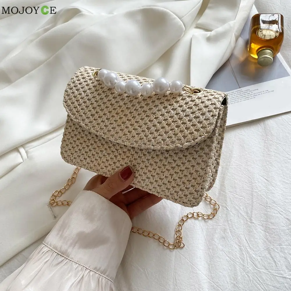 

2021 Ladies Vintage Small Purse Handbags Vacation Women Woven Pure Color Pearl Chain Mini Shoulder Messenger Bag