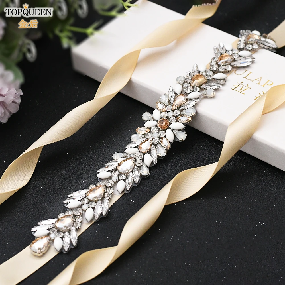 Женский атласный пояс TOPQUEEN длинный цвета шампанского с опалом для свадебного