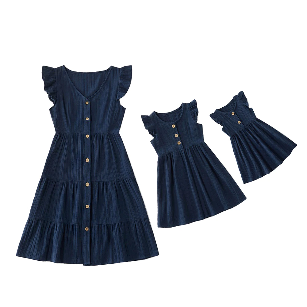 

Summer Parent-Child Dress Cotton Ruffle Short-Sleeve Plicated Strap Skirt for Mom Daughter Baby Girl Sister Dark Blue