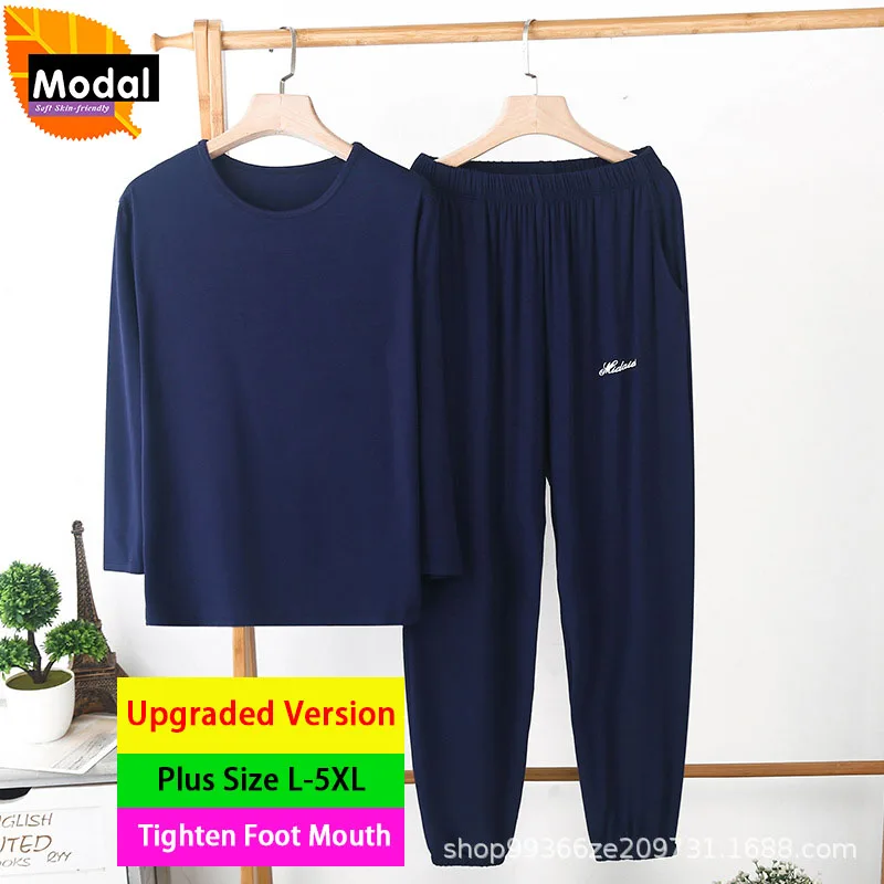Plus Size 5XL Modal Pajamas For Men Comfortable Thin Sleepwear Loose Casual Home Clothes Long Sleeve Pajama Trousers 2 Piece Set