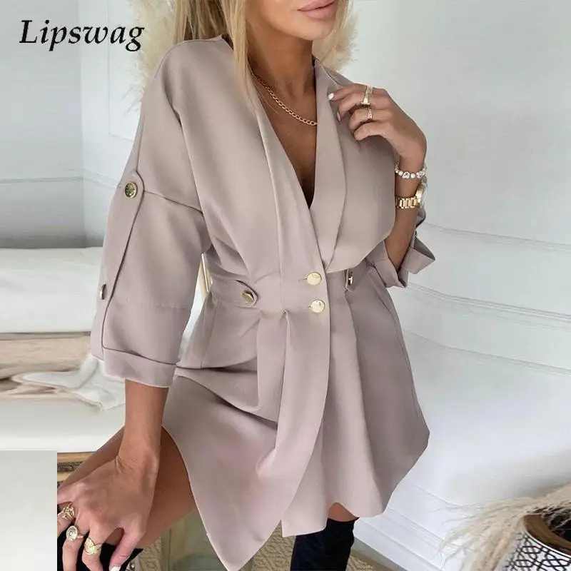 

Женское вечернее платье на пуговицах, элегантное однотонное Повседневное платье-мини с отложным воротником и длинным рукавом, осень 2022