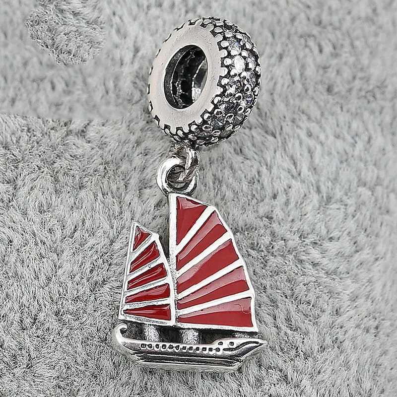 

100% 925 Sterling Silver Charm New Chinese Red Sailboat Pendant Fit Pandora Women Bracelet & Necklace Diy Jewelry