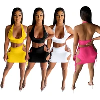 sexy women skirt dress set halter top and mini dress hollow out solid color backless summer clothes for women outfit