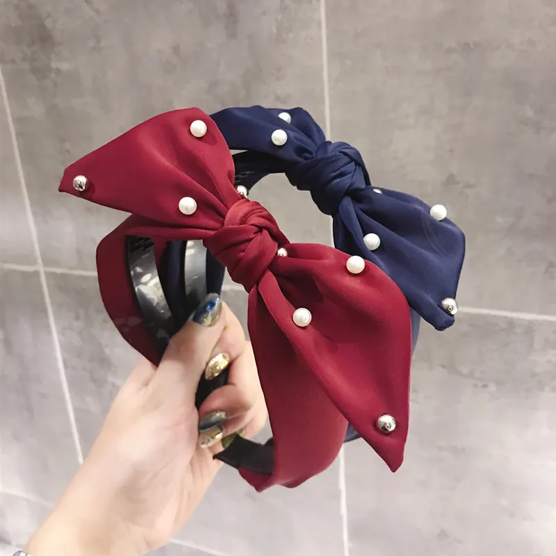 

5 color Fashion Girls Hair Accessories Pearl Headband Big Bow Knot Hairband Non-slip Teeth Hair Band Turban Hair Accessories
